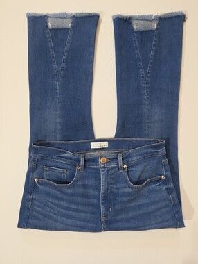 Loft High Waist Flare Crop Jeans Womens‎ 12 Blue Medium Wash Fringe Hem Denim